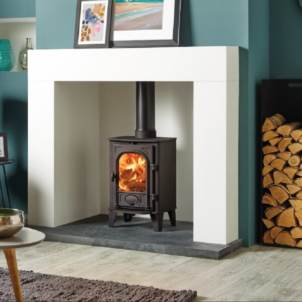 Stovax Stockton 4 Wood Burning or Multifuel Stove - Modern Fireplace with Vibrant Blue Walls