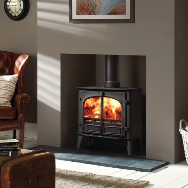 Stovax Stockton 8 Wood Burning or Multifuel Stove - Two Door Stove in a Traditional Fireplace with a Slate Hearth