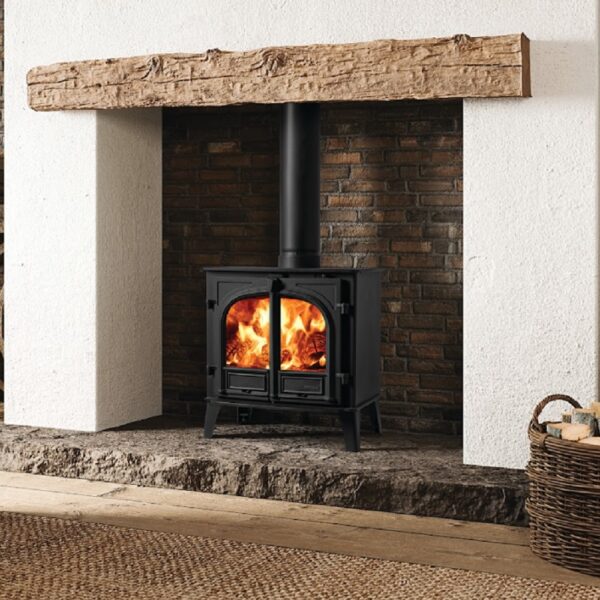 Stovax Stockton 8 Wood Burning or Multifuel Stove - Two Door Stove in a Traditional Stone Fireplace