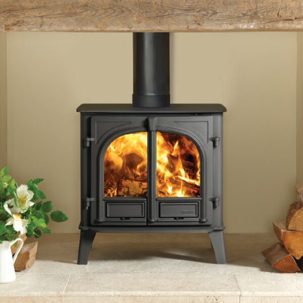 Stovax Stockton 8 Wood Burning or Multifuel Stove - Two Door Stove in a Recess with a Wooden Beam