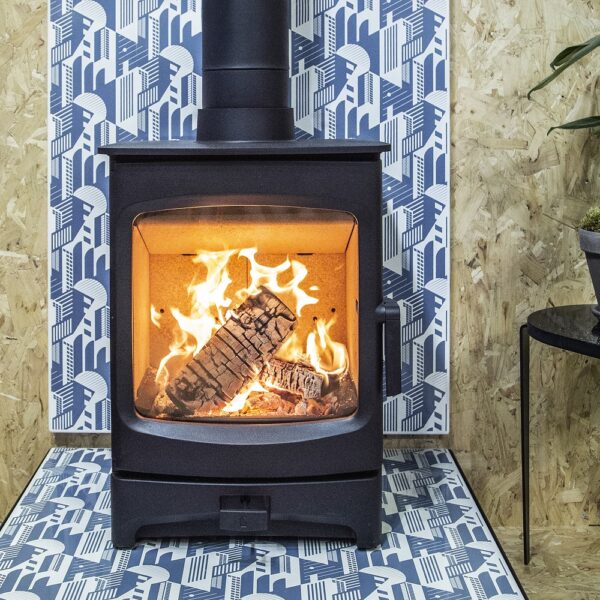 Charnwood Aire 5 Low in Black - Lifestyle Image, Wood-Burning Stove, Vlaze Panels