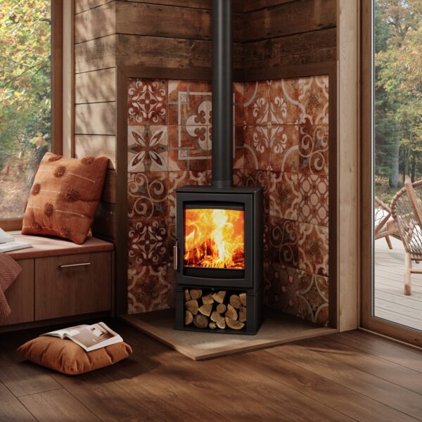Parkray Aspect 5 Wood-Burning Stove Installed on a Log Plinth