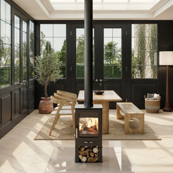 Parkray Aspect 4 ECO Double Sided wood burning stove - Lifestyle image in a modern freestanding setting