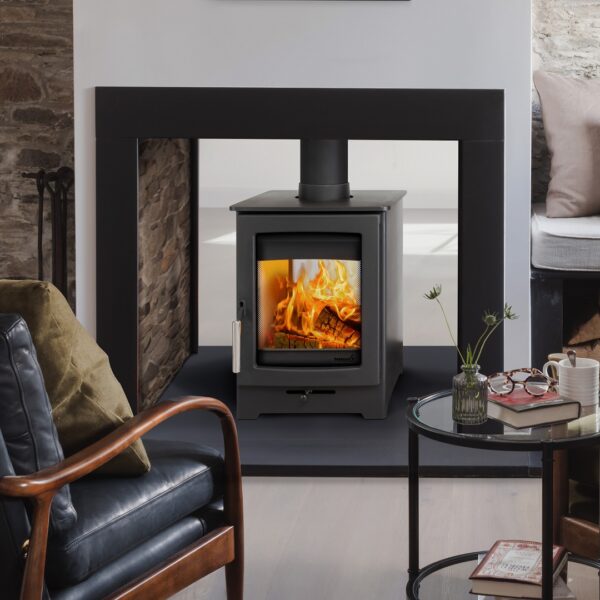 Parkray Aspect 4 ECO Double Sided wood burning stove - Lifestyle image in a modern fireplace setting