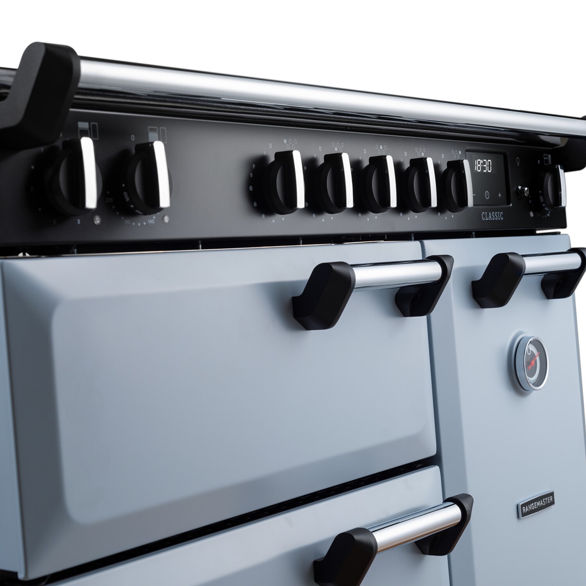 RangemasterClassic90-Ind-MistyBlue-AngleDetail Rangemaster Classic 90 Next-Generation Range Cooker - Misty Blue with Chrome Trim - Induction - Left Angle Detail