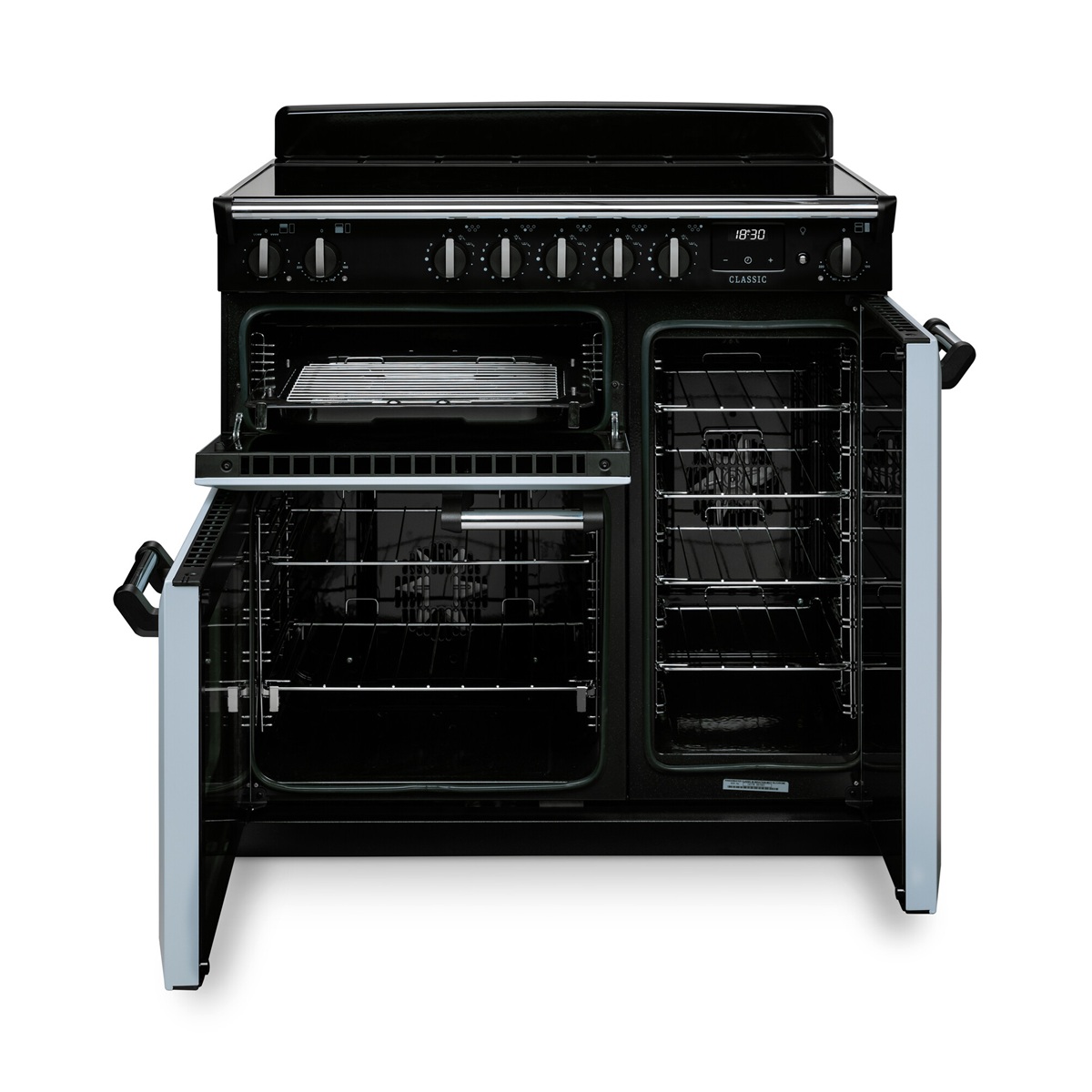 RangemasterClassic90-Ind-MistyBlue-DoorsOpen Rangemaster Classic 90 Next-Generation Range Cooker - Misty Blue with Chrome Trim - Induction - Open Doors