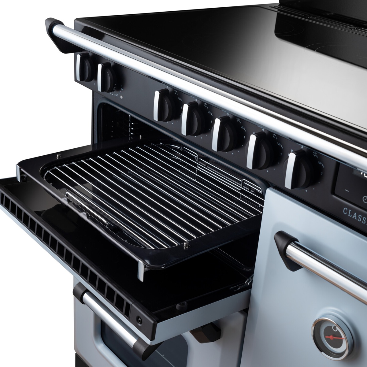 RangemasterClassic90-Ind-MistyBlue-GrillDetail Rangemaster Classic 90 Next-Generation Range Cooker - Misty Blue with Chrome Trim - Induction - Grill Detail