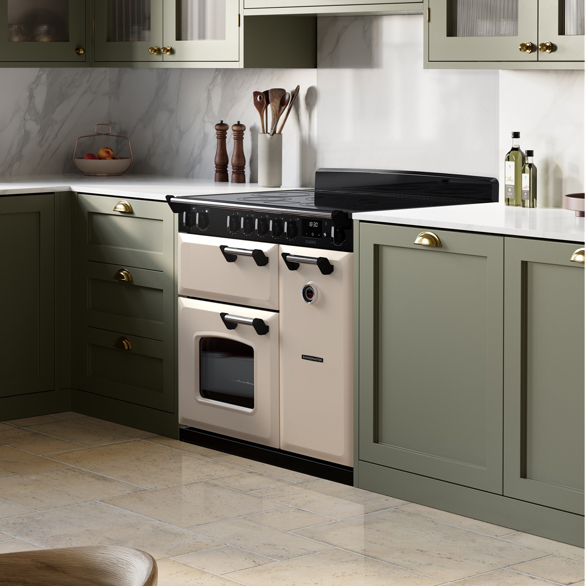 RangemasterClassic90-Ind-PaleCream-Lifestyle Rangemaster Classic 90 Next-Generation Range Cooker - Pale Cream with Chrome Trim - Induction - Lifestyle Image