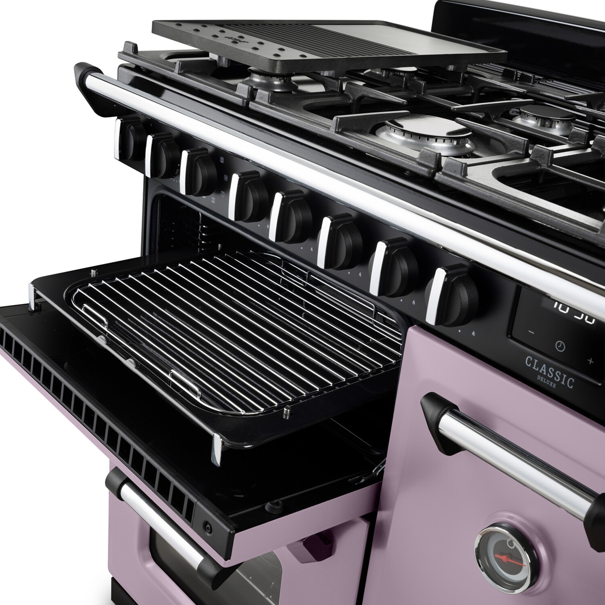 RangemasterClassicDeluxe100NGC-DF-HeatherChrome-GrillDetail Rangemaster Classic Deluxe 100 Next-Generation Range Cooker - Heather with Chrome Trim - Dual Fuel - Grill Detail