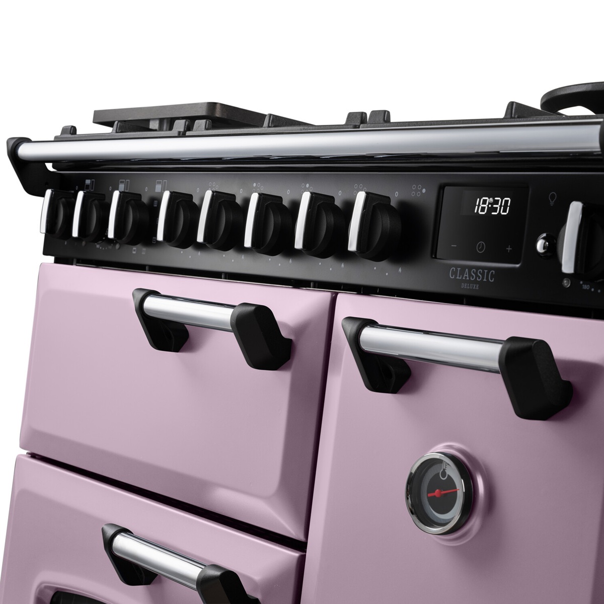 RangemasterClassicDeluxe100NGC-DF-HeatherChrome-LowAngle Rangemaster Classic Deluxe 100 Next-Generation Range Cooker - Heather with Chrome Trim - Dual Fuel - Low Angle Detail