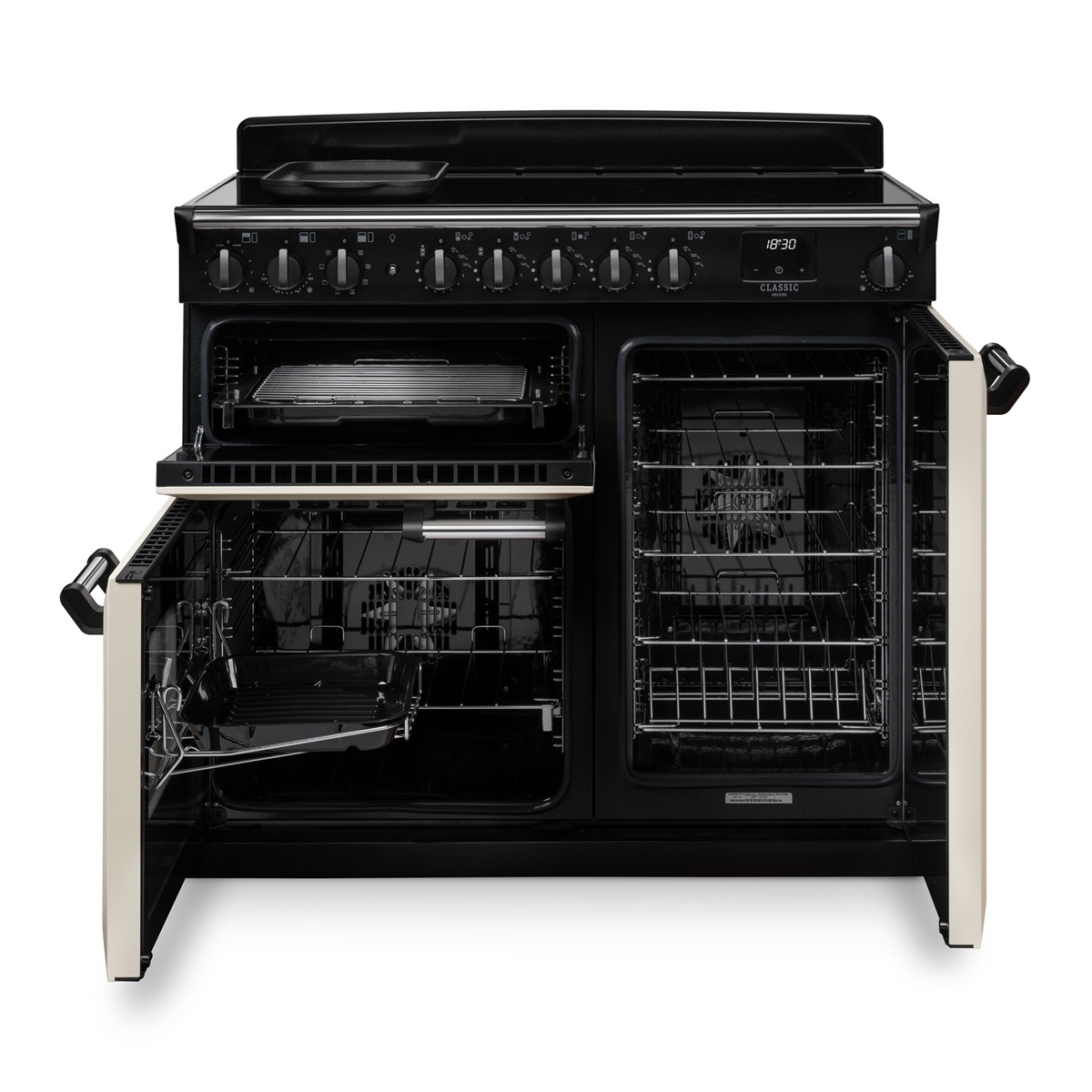 RangemasterClassicDeluxe100NGC-Ind-PaleCream-DoorsOpen Rangemaster Classic Deluxe 100 Next-Generation Range Cooker - Pale Cream with Chrome Trim - Induction - Doors Open Detail