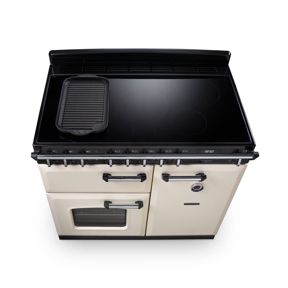 RangemasterClassicDeluxe100NGC-Ind-PaleCream-TopAngle Rangemaster Classic Deluxe 100 Next-Generation Range Cooker - Pale Cream with Chrome Trim - Induction - Hob Detail