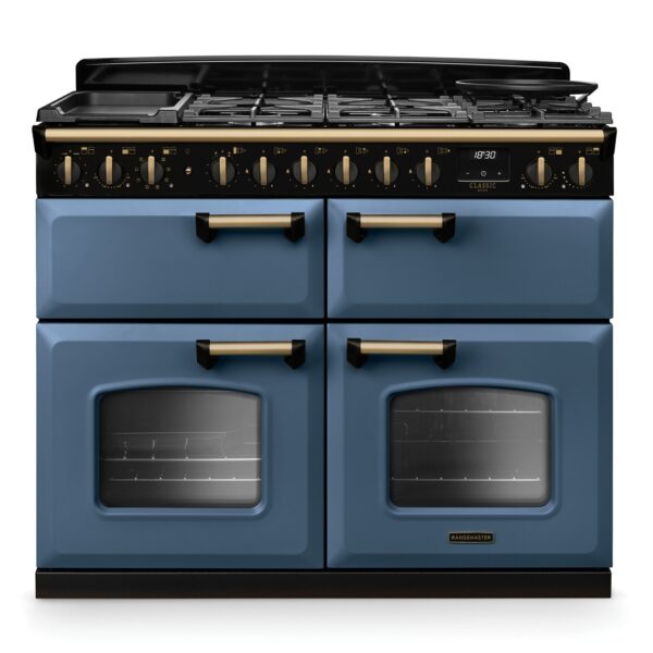 Rangemaster Classic Deluxe 110 Next-Generation Range Cooker - Stone Blue with Antique Brass Trim - Dual Fuel with Base Cavity Configuration