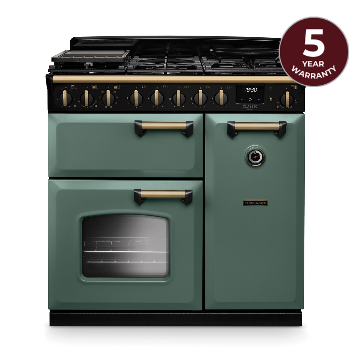 Rangemaster Classic Deluxe 90 Next-Generation Range Cooker - Mineral Green with Antique Brass Trim - Dual Fuel