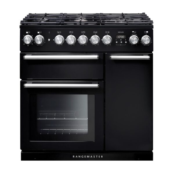 Rangemaster Nexus 90 Dual Fuel in Black with Chrome Trim - Ex-Display Range Cooker - Cutout