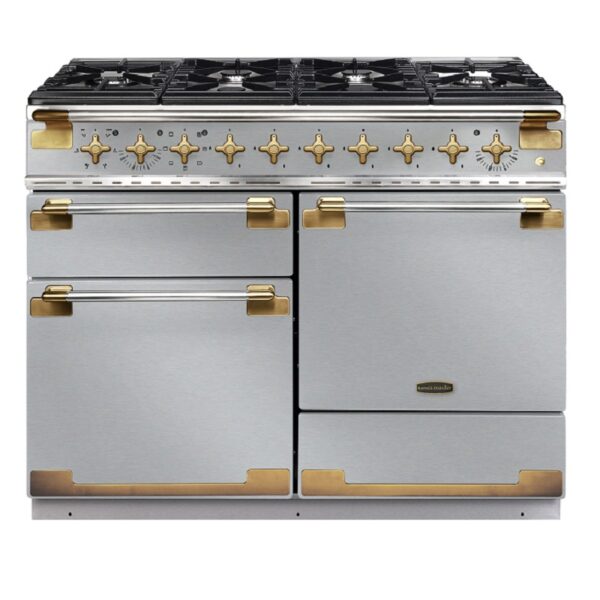 Rangemaster Elise Luxe 110 Dual Fuel Range Cooker - Special Edition Stainless Steel with Antique Brass Trim.