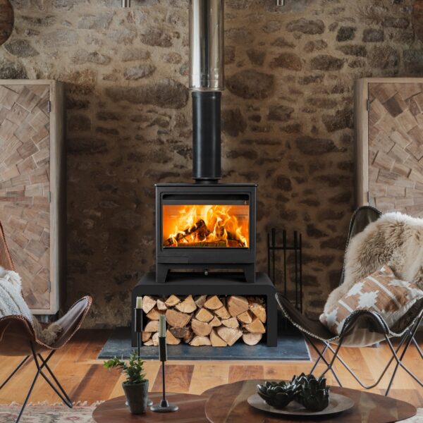 Hunter Allure 7 Wood-Burning Stove - Lifestyle Image with Freestanding Stove on a Bench