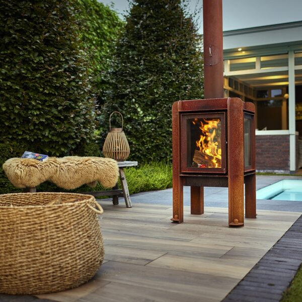RB73 Fennek 50 Outdoor Stove Lifestyle Image Poolside with Bench