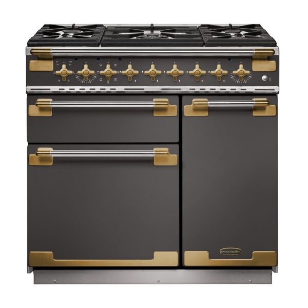 Rangemaster Elise Luxe 90 Dual Fuel Cooker - Special Edition Range Cooker in Slate with Antique Brass Trim