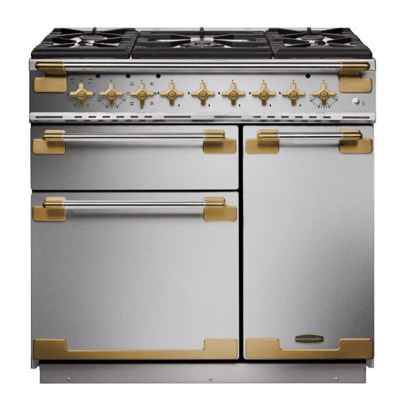 Rangemaster Elise Luxe 90 Dual Fuel Range Cooker - Special Edition Stainless Steel with Antique Brass Trim.