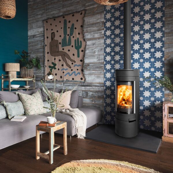 Halo Radial Cylindrical Wood-Burning Stove from the Hunter Stoves Group - Colourful Lifestyle Image