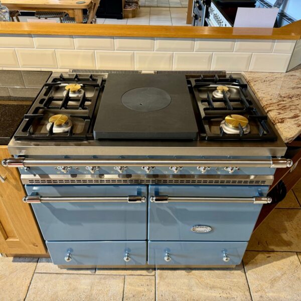 Lacanche Classic Cluny in Prussian Blue with Chrome Trim - Dual Fuel Range Cooker - Top Angle Showing Traditional Hob