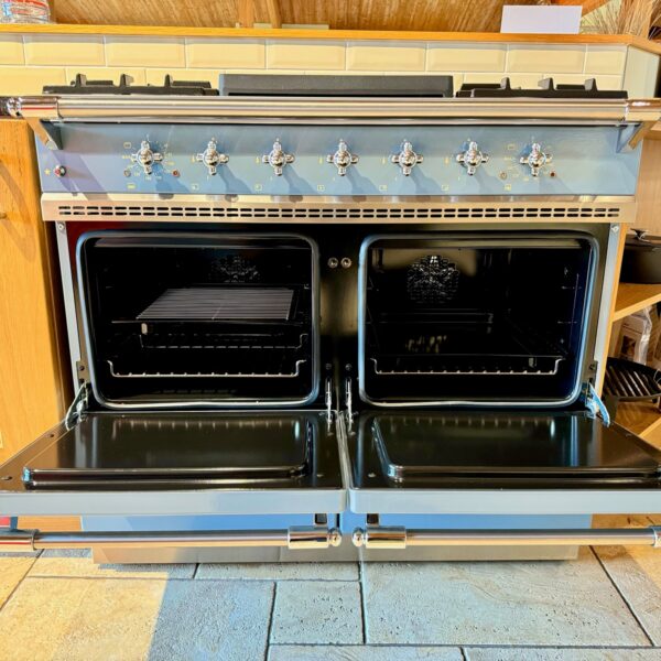 Lacanche Classic Cluny in Prussian Blue with Chrome Trim - Dual Fuel Range Cooker - Oven Doors Open Showing Inside