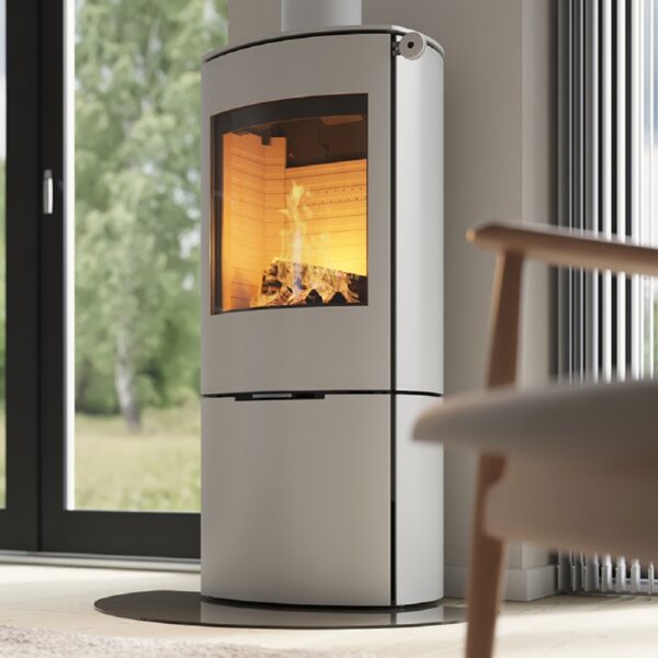 RAIS Caro 110 Wood-Burning Stove in White - Close up Image with Steel Door and White Corian Handle