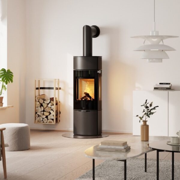 RAIS Caro 110 Wood-Burning Stove in Black - Cropped Image with Glass Door and Black Leather Handle