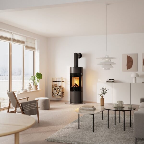 RAIS Caro 130 Wood-Burning Stove in Black - Lifestyle Image with Glass Door and Black Leather Handle