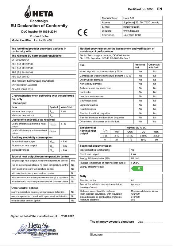 Heta Inspire 40 Declaration of Conformity - Energy Certificate