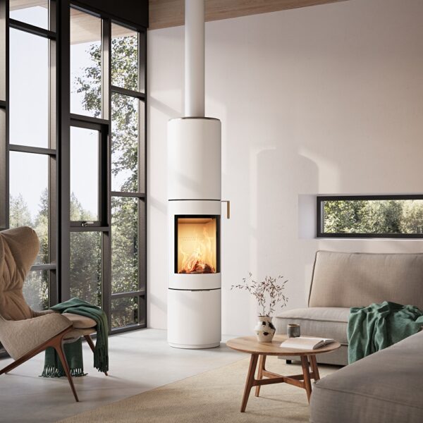 RAIS Pilar Wood-Burning Stove - Lifestyle Image in White with Natural Oak Handle