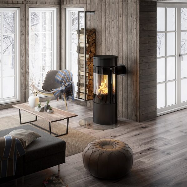 RAIS Viva L 120 Wood-Burning Stove - Lifestyle Image in Black with Glass Door and Side Glass