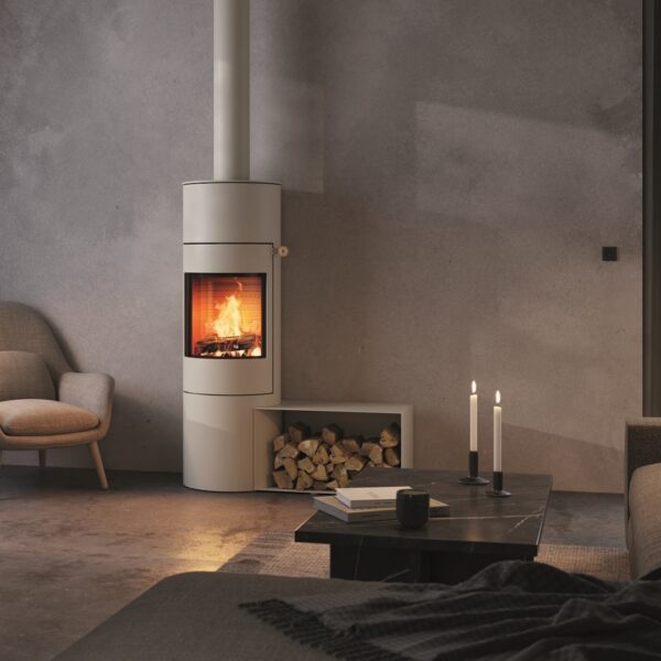 RAIS Viva L 140 Wood-Burning Stove - Lifestyle Image in Nickel with Steel Door and Natural Oak Handle