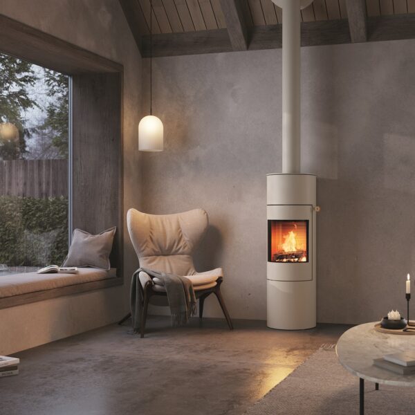 RAIS Viva L 140 Wood-Burning Stove - Lifestyle Image in Nickel with Natural Oak Handle