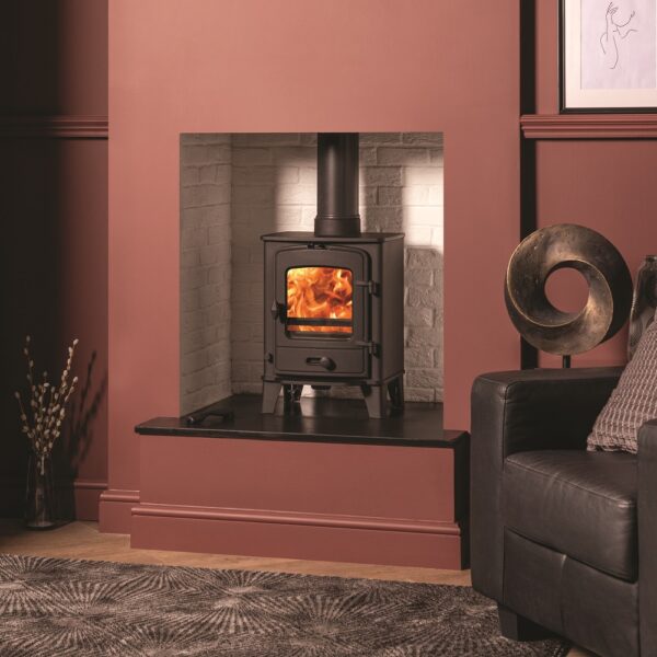 Stovax County 3 Multifuel Stove - Lifestyle Image in a Red Raised Fireplace