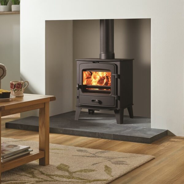 Stovax County 5 Wood-Burning and Multifuel Stove - Lifestyle Image on a Slate Hearth