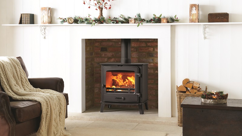 Stovax County 5 Wide Multifuel Stove - Landscape Lifestyle Image in a Brick Fireplace