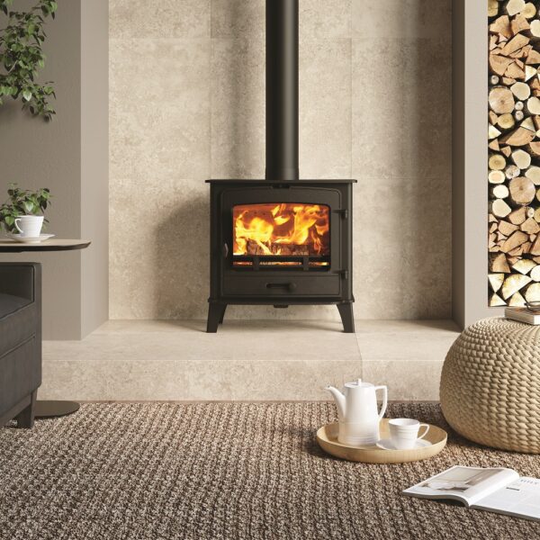 Stovax County 5 Wide Multifuel Stove - Lifestyle Image with a Tall Log Store