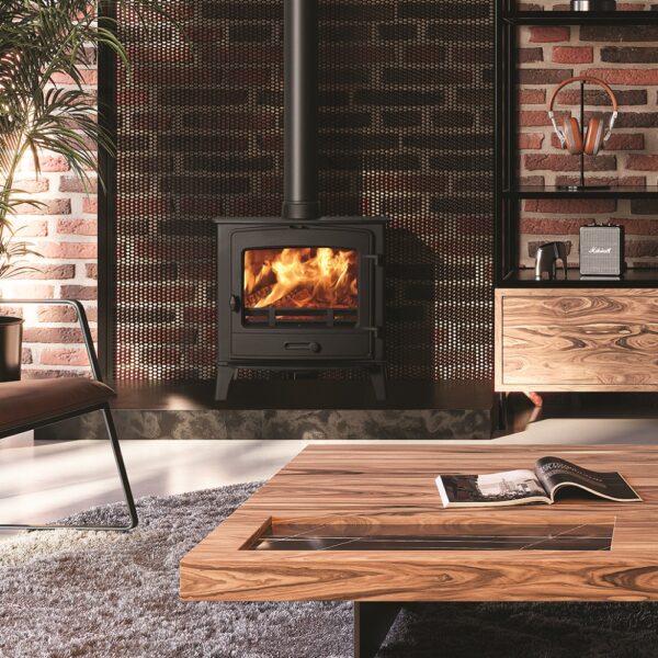 Stovax County 5 Wide Multifuel Stove - Lifestyle Image - Freestanding Installation Against a Brick Wall