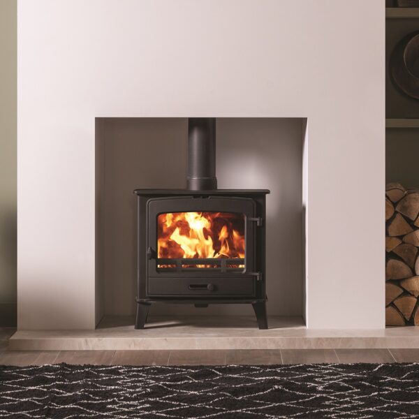 Stovax County 5 Wide Multifuel Stove - Lifestyle Image in a Clean, White Fireplace