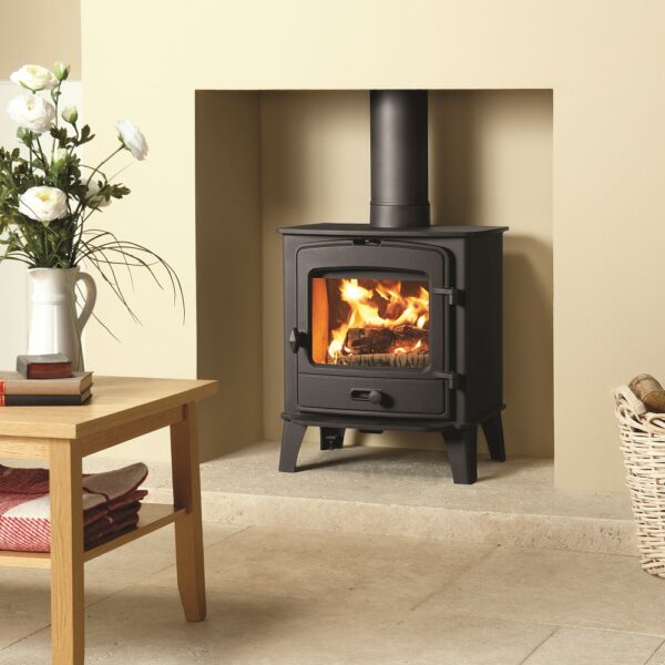 Stovax County 5 Wood-Burning and Multifuel Stove - Lifestyle Image in a Minimalist Fireplace