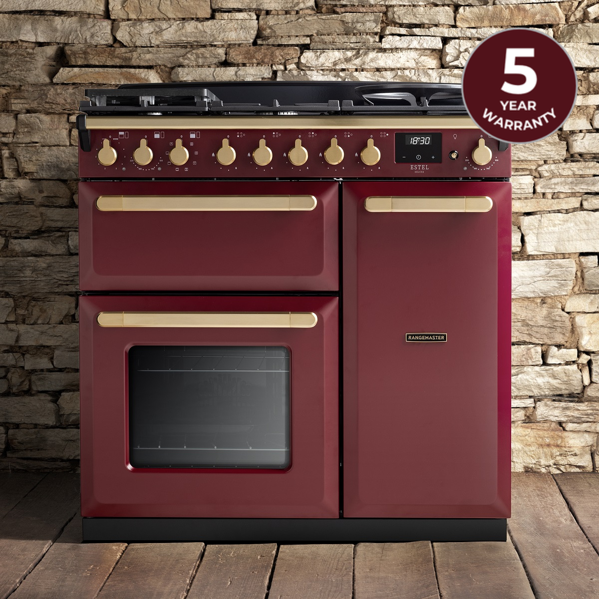Rangemaster Estel Deluxe 90 in Bordeaux with Antique Brass Trim - Hero Image