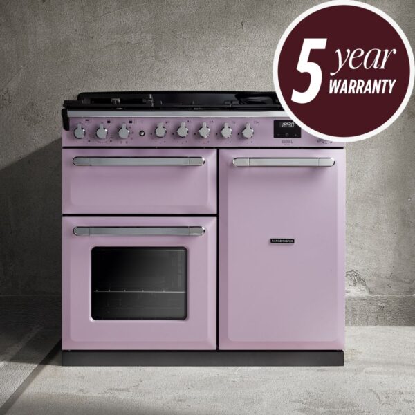 Rangemaster Estel Deluxe 100 in Heather with Chrome Trim - Lifestyle Image Close Up - 5 Year Warranty Promotion