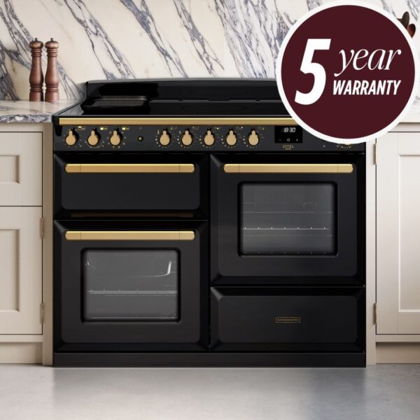 Rangemaster Estel Deluxe 110 Offset Cavity in Gloss Black with Antique Brass Trim - Hero Lifestyle Image - 5 Year Warranty Promotion