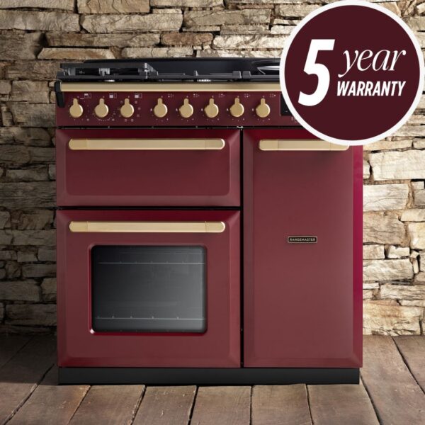 Rangemaster Estel Deluxe 90 in Bordeaux with Antique Brass Trim - Hero Image - 5 Year Warranty Promotion