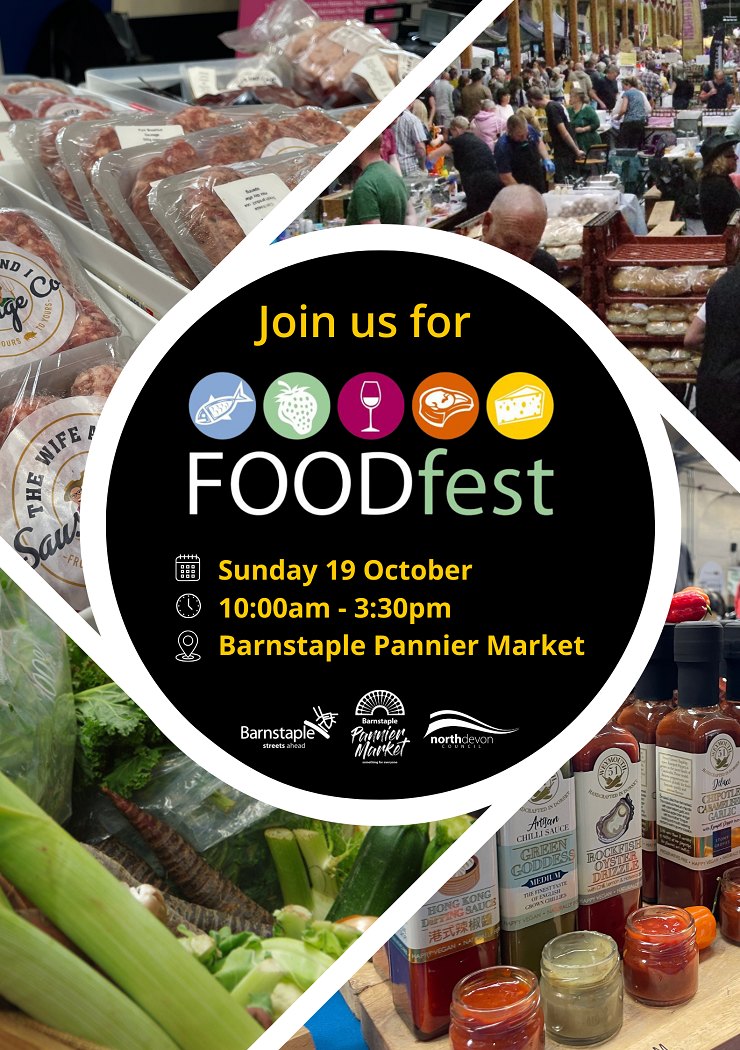 North Devon Foodfest Poster - Sunday 19th October 2025 - Barnstaple Pannier Market, EX31 1BX