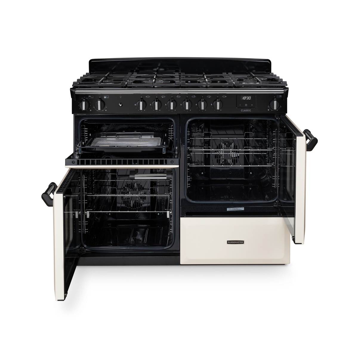 RangemasterClassic110-DF-PaleCream-DoorsOpen Rangemaster Classic 110 Next-Generation Range Cooker - Pale Cream with Chrome Trim - Dual Fuel - Open Doors