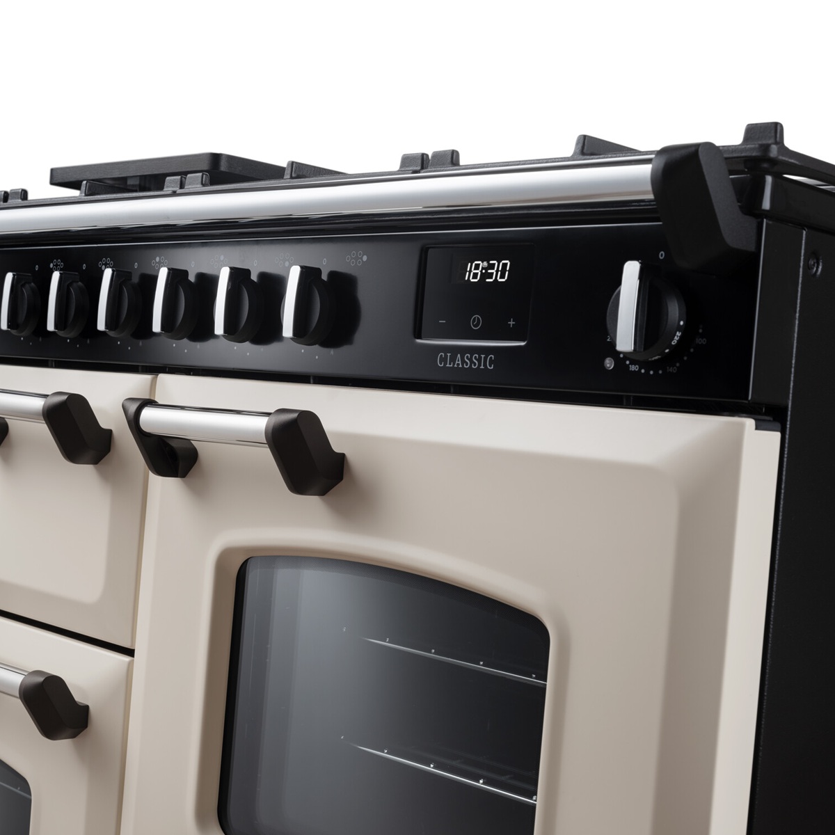 RangemasterClassic110-DF-PaleCream-FasciaDetail Rangemaster Classic 110 Next-Generation Range Cooker - Pale Cream with Chrome Trim - Dual Fuel - Fascia Detail