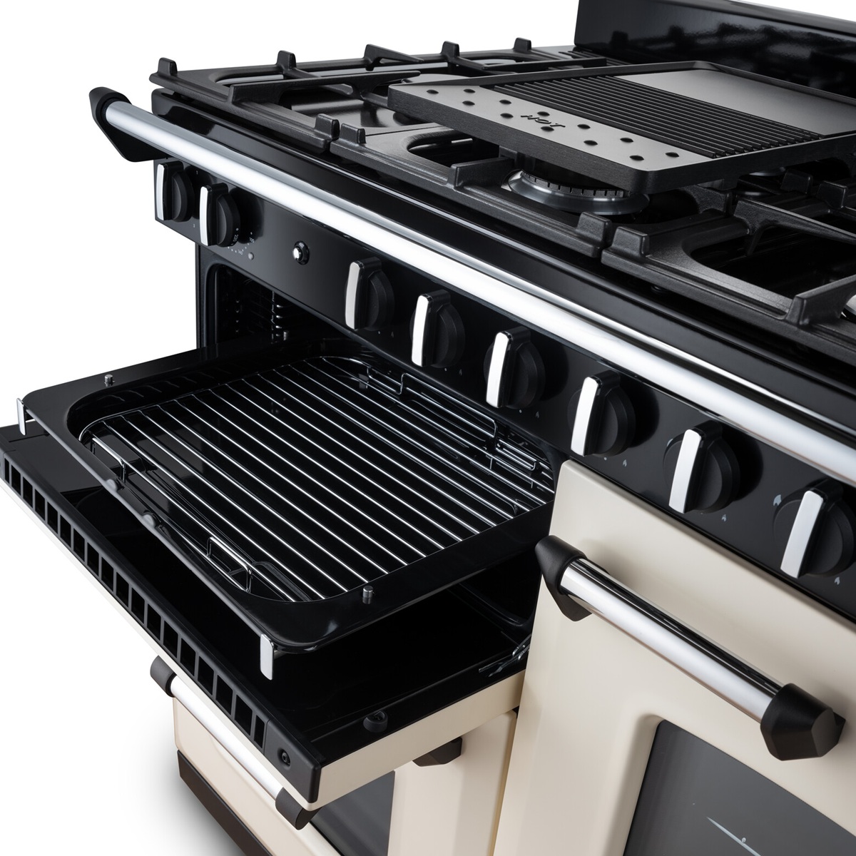 RangemasterClassic110-DF-PaleCream-GrillDetail Rangemaster Classic 110 Next-Generation Range Cooker - Pale Cream with Chrome Trim - Dual Fuel - Grill Detail